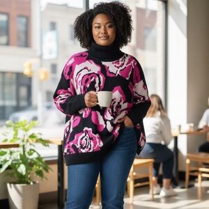 Joseph A Sweater Black/Pink Floral Turtleneck In Size L ‎ NWT